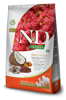 N&D Quinoa SKIN & COAT HERRING Н&Д Полнорационный диетический сухой корм для взрослых собак, рекомендуемый при пищевой непереносимости с сельдью, киноа, кокосом и куркумой 800 гр - фото 10760