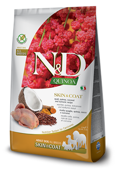 N&D Quinoa SKIN & COAT QUAIL Н&Д Полнорационный диетический сухой корм для взрослых собак, рекомендуемый при пищевой непереносимости с перепелом, кокосом, киноа и куркумой 800 гр - фото 10785