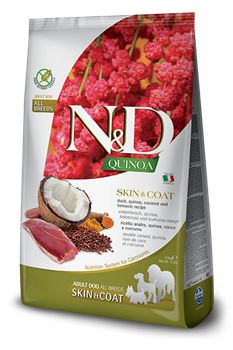 N&D Quinoa SKIN & COAT DUCK Н&Д Полнорационный диетический сухой корм для взрослых собак, рекомендуемый при пищевой непереносимости с уткой, киноа, кокосом и куркумой 800 гр - фото 10788