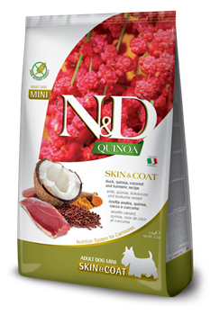 N&D Quinoa SKIN & COAT DUCK MINI Н&Д Полнорационный диетический сухой корм для взрослых собак мини пород, рекомендуемый при пищевой непереносимости с уткой, киноа, кокосом и куркумой 800 гр - фото 10839