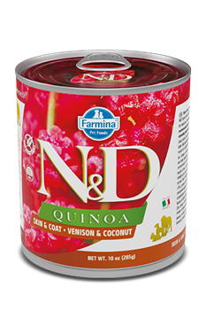 N&D Quinoa SKIN&COAT VENISON WET FOOD Н&Д Полнорационный диетический влажный корм для взрослых собак, рекомендуемый для снижения пищевой непереносимости питательных веществ с олениной, киноа и кокосом 285 гр - фото 10846