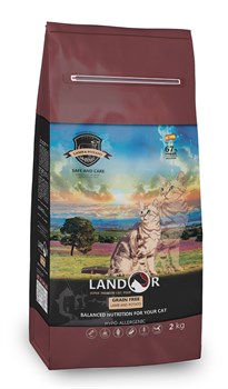 LANDOR GRAIN FREE FOR CATS HAIRBALL & WEIGHT CONTROL Ягненок и батат сухой беззерновой корм для кошек с функцией контроля образования комочков шерсти и контроля веса 2 кг - фото 11526