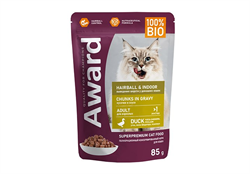 Влажный корм AWARD Hairball & Indoor для выведения шерсти у взрослых домашних кошек кусочки в соусе с уткой 85г  - фото 12289