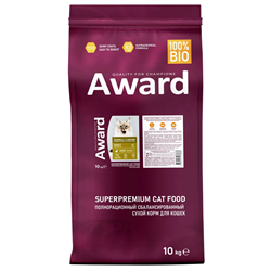 Сухой корм AWARD Hairball & Indoor для взрослых кошек для выведения шерсти с уткой и индейкой с добавлением зеленой чечевицы и Юкки Шидигера 10кг - фото 12303