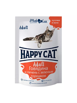 Паучи Хэппи Кэт /говядина - печень - горох/ в желе (Россия) - 0,085 кг ZB402892 - фото 12455