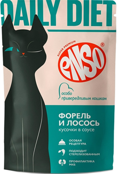 ENSO DAILY DIET Корм влажный полнорационный профилактический для взрослых привередливых кошек, кусочки в соусе с форелью и лососем, пауч 85г/24шт. (Без характеристики) ZB309327 - фото 12513