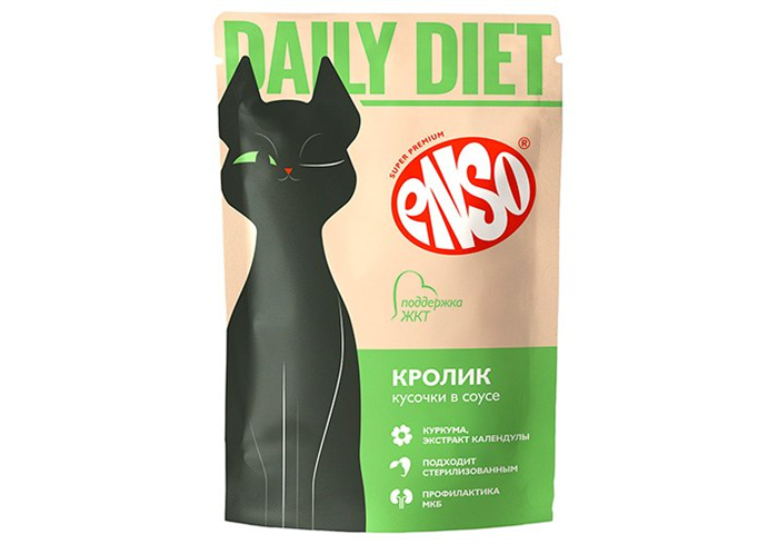 ENSO DAILY DIET Корм влажный полнорационный профилактический для взрослых кошек, поддержание здоровья ЖКТ, кусочки в соусе с кроликом, пауч 85г Без характеристики ZB309280 - фото 12534