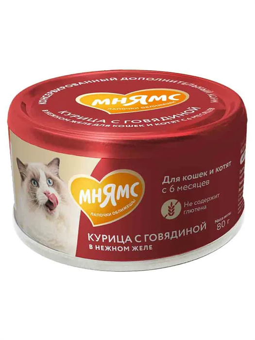 Влажный дополнительный корм Мнямс На каждый день для кошек и котят старше 6 месяцев "курица с говядиной в нежном желе" 80 г ZB546357 - фото 12538