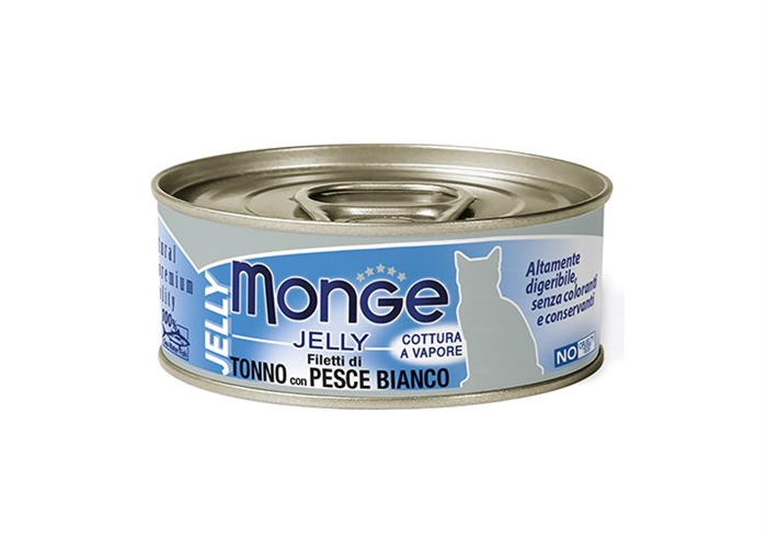 Влажный корм Monge jelly Adult cat для взрослых кошек с желтоперым тунцом и белой рыбой, консервы 80 г ZB007030 - фото 12545