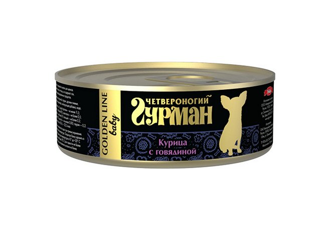 Четвероногий Гурман Golden line Курица с говядиной влажный корм для щенков жестяная банка 0,1 кг ZB546960 - фото 12549