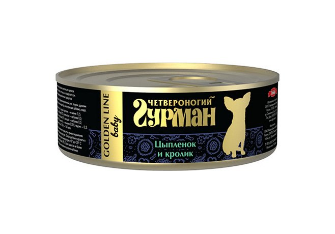 Четвероногий Гурман Golden line Цыпленок и кролик влажный корм для щенков жестяная банка 0,1 кг ZB546984 - фото 12559