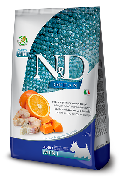 Н&Д Треска, тыква и апельсин для взрослых собак мини пород N&D DOG OCEAN PUMPKIN, CODFISH AND ORANGE ADULT MINI, 800 гр MZB036513 - фото 13249