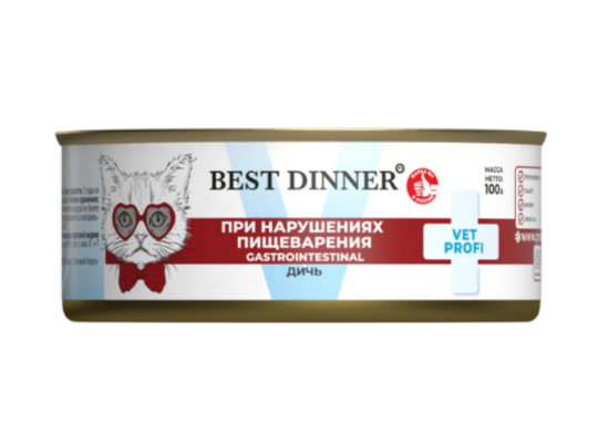 Best Dinner Exclusive Vet Profi Gastrointestinal влажный корм для кошек при нарушениях пищеварения с дичью, 100 гр MZB263495 - фото 13588