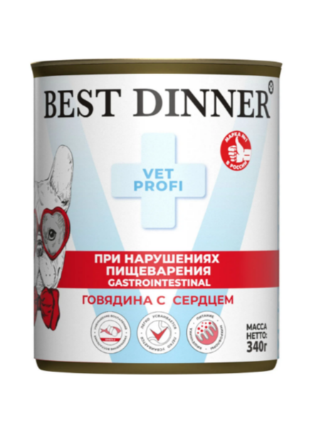 Best Dinner GastroIntestinal Exclusive Vet Profi влажный корм для собак с говядиной и сердцем при нарушениях пищеварения, 340 гр MZB404391 - фото 13686