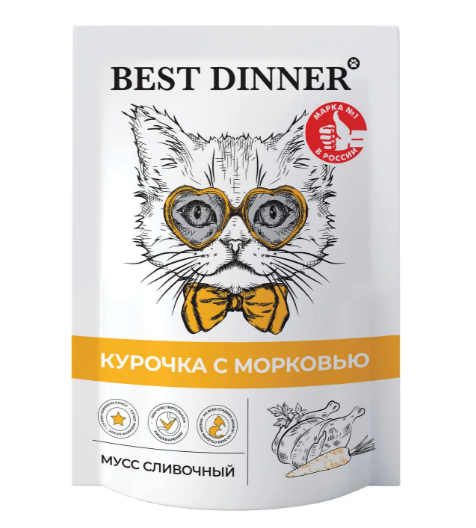 Best Dinner курочка с морковью мусс сливочный для котят с 1 месяца, взрослых, лактирующих и беременных кошек, 85 гр MZB263679 - фото 13784