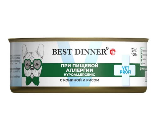 Best Dinner Exclusive Vet Profi Hypoallergenic влажный корм с кониной и рисом при пищевой аллергии у собак, 100 гр MZB408122 - фото 13863