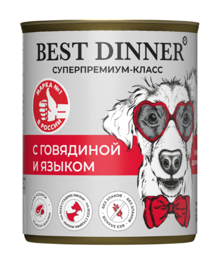 Консервы Best Dinner Super Premium мясное ассорти "с говядиной и языком" для взрослых собак и щенков с 6 месяцев, 340 гр MZB264478 - фото 13866