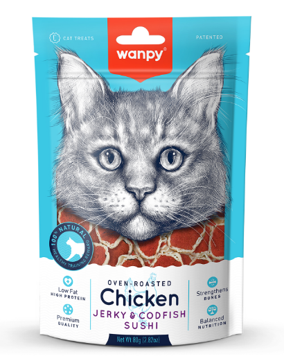 Wanpy Cat Лакомство для кошек «суши» из курицы с треской, 80 гр MZB811305 - фото 14572
