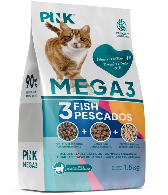Pink MEGA 3 Сухой беззерновой корм для кошек, 3 вида рыбы, 3 гранулы, 1.5кг MZB735640 - фото 14620