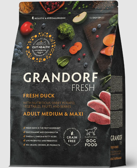 GRANDORF Fresh Dog Adult MED&MAXI Duck&Sweet Potato Свежее мясо утки с бататом для собак средних и крупных пород, 1 кг MZB852949 - фото 14875
