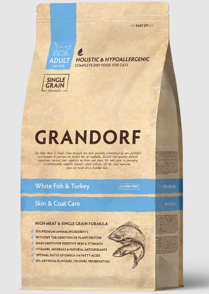 GRANDORF CAT White Fish&Turkey SKIN&CARE Белая рыба с индейкой для взрослых кошек с чувствительной кожей и шерстью, 2 кг MZB851263 - фото 15003