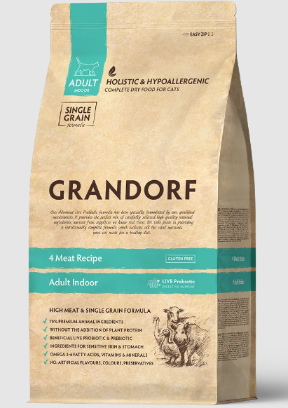 GRANDORF CAT 4 Meat PROBIOTIC INDOOR 4 мяса с пробиотиками для кошек, 2 кг MZB851287 - фото 15083