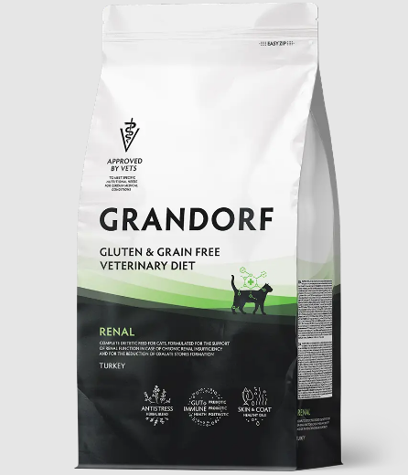 GRANDORF VETERINARY DIET TURKEY RENAL полнорационный диетический сухой корм для кошек с индейкой для поддержания функции почек при временной или хронической почечной недостаточности, 2 кг MZB853199 - фото 15210