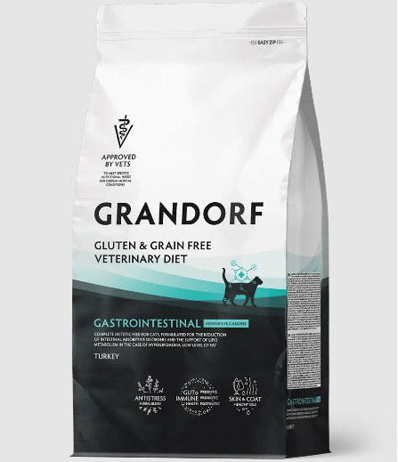 GRANDORF VETERINARY DIET TURKEY GASTROINTESTINAL MODERATE CALORIE полнорационный диетический сухой корм с индейкой для кошек при гиперлипидемии и острых расстройствах пищеварения, 2 кг MZB853175 - фото 15223