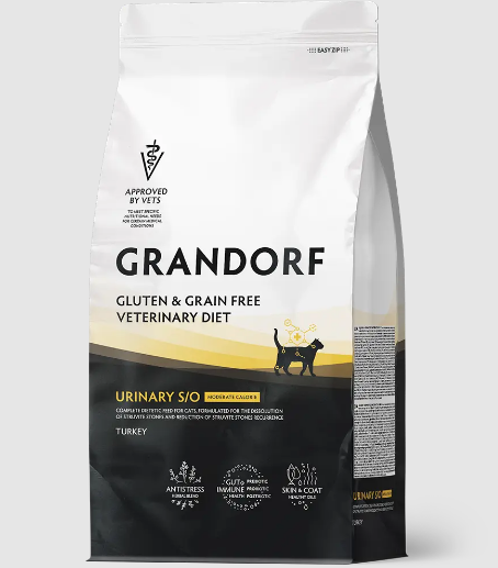 GRANDORF VETERINARY DIET TURKEY URINARY S/O MODERATE CALORIE полнорационный диетический сухой корм для кошек с лишним весом для растворения струвитных камней и снижения риска их повторного образования, индейка, 400 гр MZB853229 - фото 15235