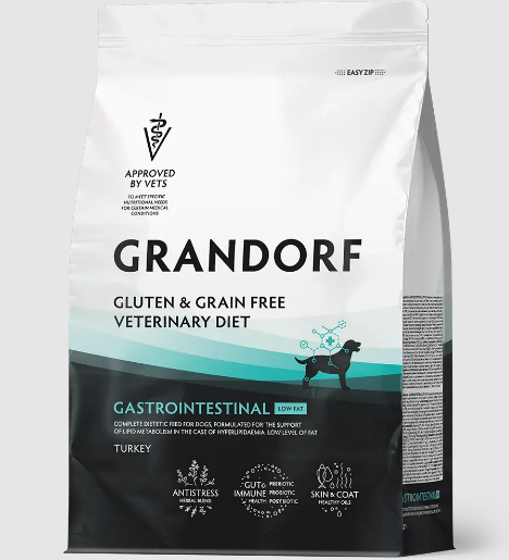 GRANDORF VETERINARY DIET TURKEY GASTROINTESTINAL LOW FAT полнорационный диетический сухой корм для собак, способствующий регуляции метаболизма липидов при гиперлипидемии, 1 кг MZB853045 - фото 15257