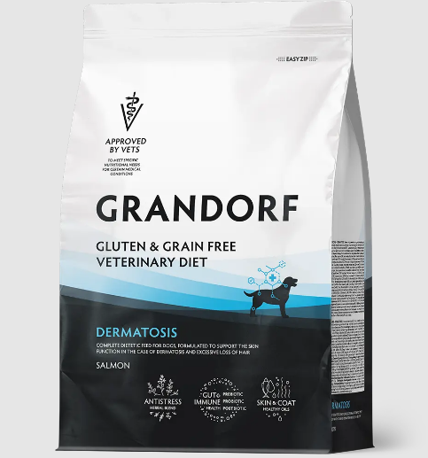 GRANDORF VETERINARY DIET SALMON DERMATOSIS полнорационный диетический сухой корм для собак с лососем для поддержания защитных функций кожи при дерматозах и чрезмерном выпадении шерсти, 1 кг MZB853083 - фото 15265