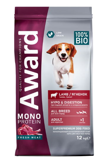 Сухой корм AWARD Monoprotein для взрослых собак всех пород из ягненка с добавлением тыквы и граната, 12 кг MZB201081 - фото 15329