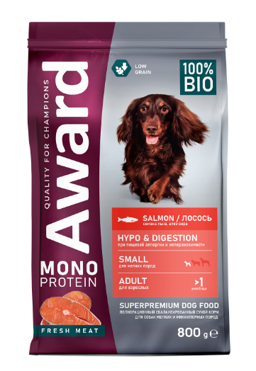 Сухой корм AWARD Monoprotein для взрослых собак мелких и миниатюрных пород из лосося с добавлением семян льна и алоэ вера, 800 гр MZB201104 - фото 15336