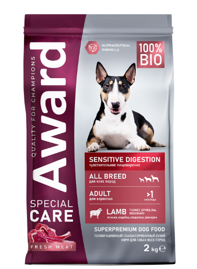 Сухой корм AWARD SPECIAL CARE Sensitive Digestion для взрослых собак всех пород с чувствительным пищеварением со свежим мясом ягненка, 2кг MZB548900 - фото 15342