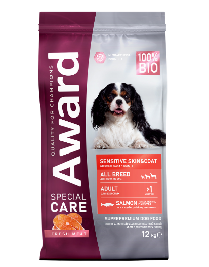 Сухой корм AWARD SPECIAL CARE Sensitive Skin&Coat для взрослых собак всех пород для здоровой кожи и шерсти со свежим лососем, 12 кг MZB549198 - фото 15349