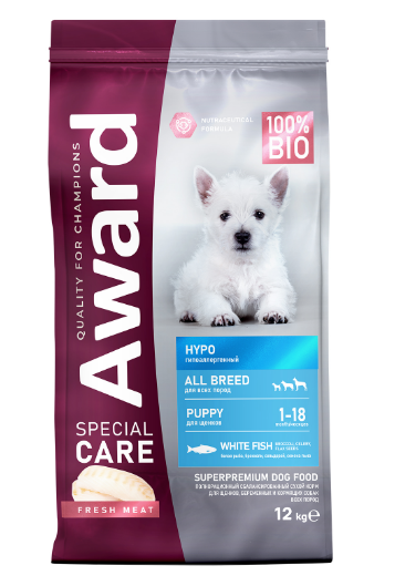 Сухой корм AWARD SPECIAL CARE HYPO PUPPY со свежей белой рыбой для щенков от 1 месяца, беременных и кормящих собак всех пород, склонных к аллергии, 12 кг MZB549228 - фото 15354