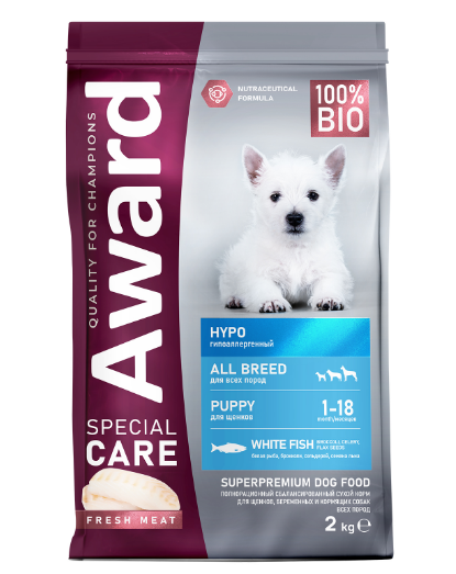 Сухой корм AWARD SPECIAL CARE HYPO PUPPY со свежей белой рыбой для щенков от 1 месяца, беременных и кормящих собак всех пород, склонных к аллергии, 2кг MZB548924 - фото 15356