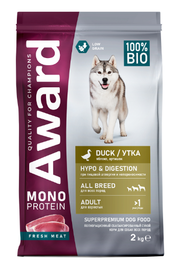 Сухой корм AWARD Monoprotein для взрослых собак всех пород из утки с добавлением яблок и артишока, 2 кг MZB201142 - фото 15368