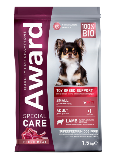 Сухой корм AWARD SPECIAL CARE Toy Breed Support для взрослых собак мелких и миниатюрных пород со свежим мясом ягненка, 1.5 кг MZB548917 - фото 15379