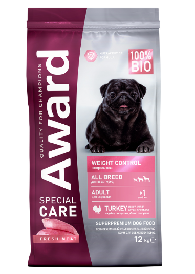 Сухой корм AWARD SPECIAL CARE Weight Control для взрослых собак всех пород для контроля веса со свежим мясом индейки, 12 кг MZB549181 - фото 15382
