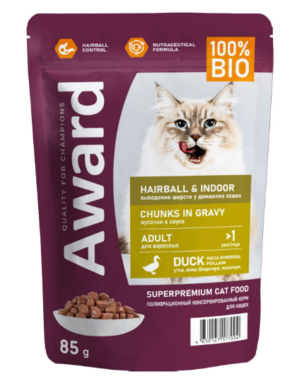 Влажный корм AWARD Hairball & Indoor для выведения шерсти у взрослых домашних кошек кусочки в соусе с уткой, 85 гр MZB177004 - фото 15446