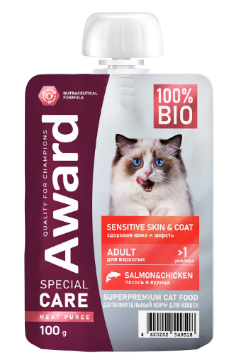Влажный доп. корм AWARD SPECIAL CARE Sensitive skin&coat "мясное пюре" для взрослых кошек для здоровья кожи и шерсти из курицы с лососем, 100 гр MZB549518 - фото 15458