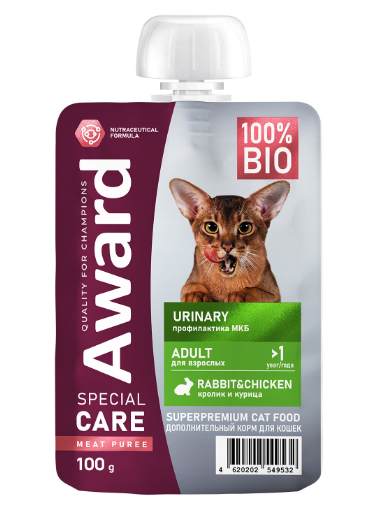 Влажный дополнит. корм AWARD SPECIAL CARE Urinary "мясное пюре" для взрослых кошек для профилактики мочекаменной болезни из курицы с кроликом, 100 гр MZB549532 - фото 15461
