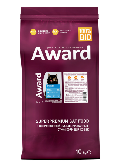 Сухой корм AWARD Sterilized для взрослых стерилизованных кошек с белой рыбой с добавлением семян льна, клюквы и цикория, 10 кг MZB173624 - фото 15495