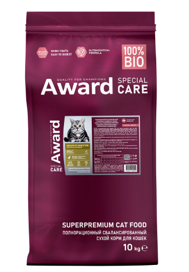 Сухой корм AWARD SPECIAL CARE Sensitive Digestion для взрослых кошек с чувствительным пищеварением со свежим мясом утки, 10 кг MZB549259 - фото 15519
