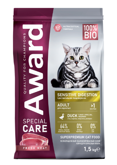 Сухой корм AWARD SPECIAL CARE Sensitive Digestion для взрослых кошек с чувствительным пищеварением со свежим мясом утки, 1,5кг MZB548955 - фото 15522