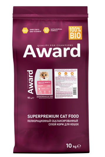 Сухой корм AWARD Healthy growth для котят от 1 месяца, беременных и кормящих кошек с индейкой и курицей с добавлением рыбьего жира и семян льна, 10 кг MZB173563 - фото 15527