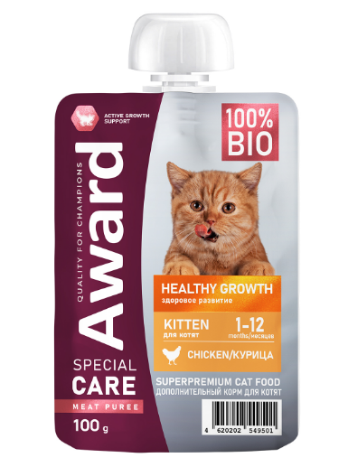 Влажный дополнительный корм AWARD SPECIAL CARE Healthy growth "пюре" для котят от 1 месяца из мяса курицы, 100 гр MZB549501 - фото 15547