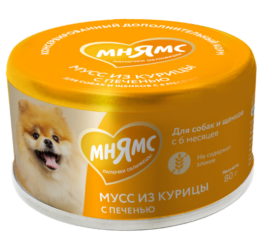 Влажный дополнительный корм Мнямс Мусс из курицы с печенью для собак и щенков старше 6 месяцев, 80 гр MZB543639 - фото 15715