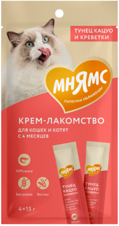 Крем-лакомство Мнямс для кошек с тунцом Кацуо и креветками, 15 гр х 4 шт MZB540690 - фото 15840